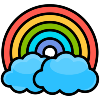 Drawing of a colorful rainbow behind a cloud.