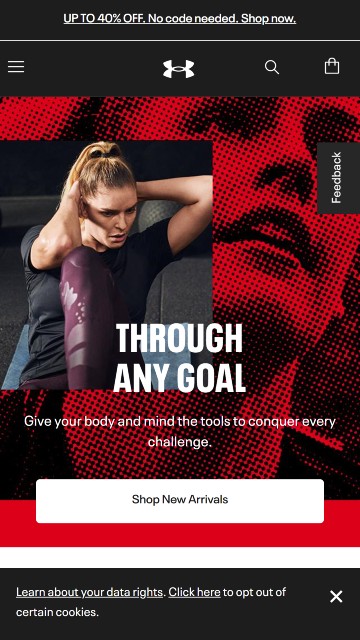 Screenshot of the Under Armour Website on cell phone view. Home page shows an woman doing set ups.